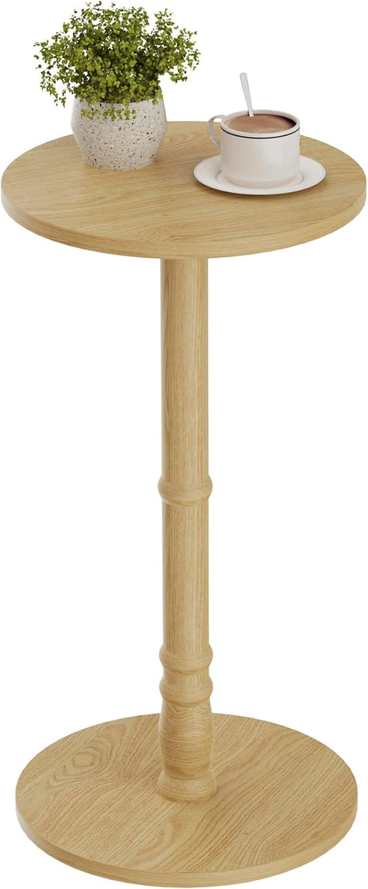 Round Side Table, Solid Wood Pillar with Wood Top & Base, Small Drink Accent Table for Living Room, Bedroom, Sofa & Office, Easy Assembly, Natural