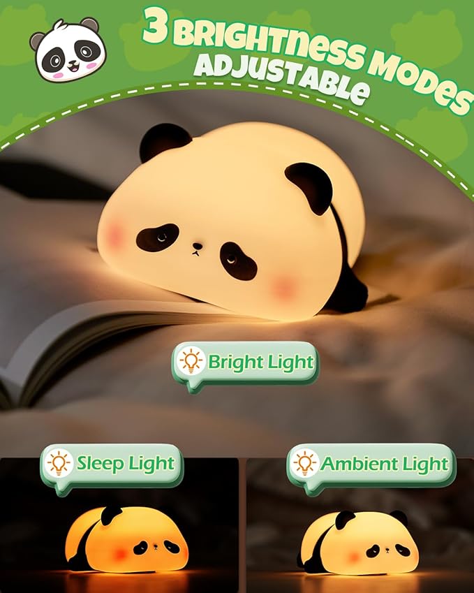 Cute Panda Night Light, Animal Lamp, Food Grade Silicone, Rechargeable, 3 Level Dimmable, Squishy Nursery Nightlight for Desk Decor, Funny Gifts Stuff for Boys Girls Baby, White Elephant Gifts