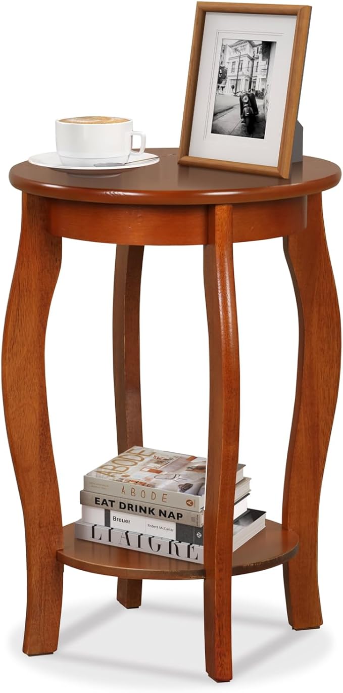 Giantex Round End Table, Wooden Side Table with Storage Shelf, Small Nightstand with Solid Wood Legs, 2-Tier Accent Table for Living Room Bedroom (1, Walnut)