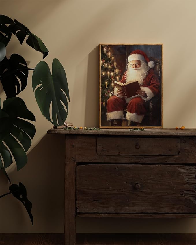 ARPEOTCY Framed Canvas Wall Art, Vintage Christmas Decor, Living Room Retro Santa Picture, Home Winter Decor for Bedroom Bathroom, Cottagecore Xmas Holiday Decorations Gifts, 12x16 Inch
