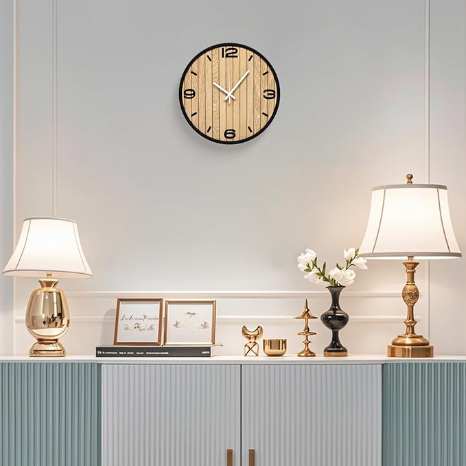 10 Inch Round Wall Clock Battery Operated Wooden, Non-Ticking Quartz Decorative Analog Clocks for Apartment, Living Room, Bedroom, Hallway, Classroom - Easy to Install & Read