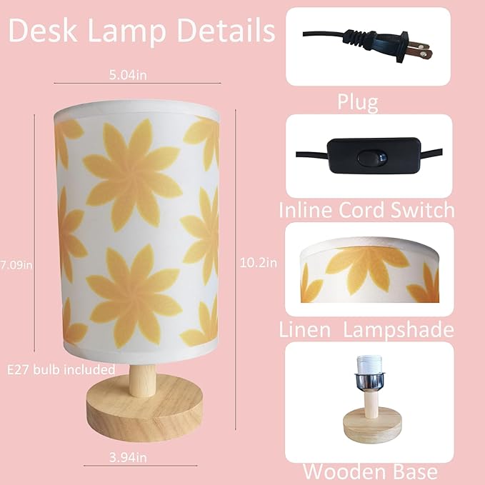 9.8" Flower-Patterned Small Table Lamp | Inline Control & 3 Brightness Levels | Yellow Shade Bedside Lamp for Bedroom,Living Room,Study,Dorm,Home Office,Baby Room & Kitchen