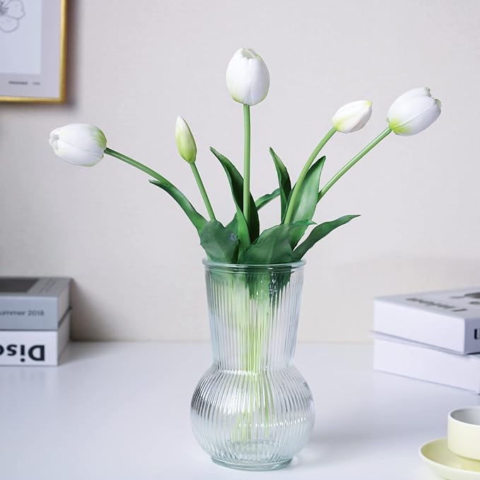 16-inch Premium Real Touch Fake Tulips, Artificial Flowers with Buds, Flexible Stem Easy to Shape, Faux Tulips (Vase not Included), 5-Pack Set of Peppermint White