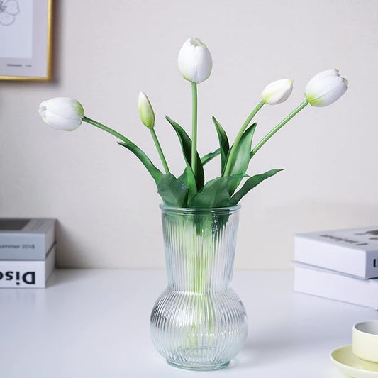 16-inch Premium Real Touch Fake Tulips, Artificial Flowers with Buds, Flexible Stem Easy to Shape, Faux Tulips (Vase not Included), 5-Pack Set of Peppermint White