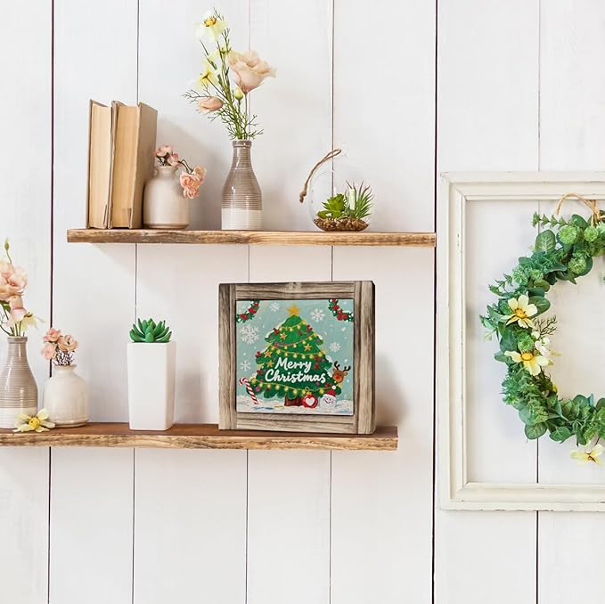 Christmas Tree Wood Sign, Farmhouse Wooden Box Sign Plaque, X-mas Decor Ornament, Christmas Tree Decorations for Home Office Indoor Shelf Table Desk, X-mas Gift