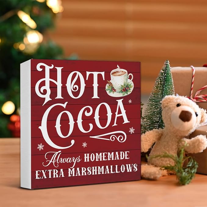 Hot Cocoa Bar Decorations - Christmas Decor, Hot Chocolate Bar Wooden Sign, Home Kitchen Decor for Desk Table Shelf 5 X 5 Inches