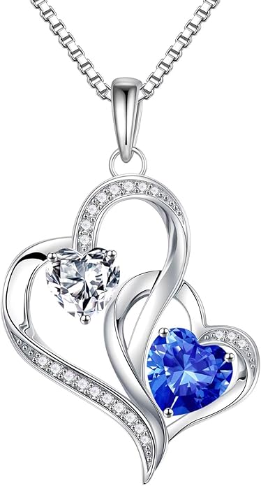 Iefil Christmas Gifts for Women - Double Heart Birthstone Necklace, 925 Sterling Silver Heart Pendant Necklace, Anniversary Birthday Gifts for Women | Personalized Jewelry Gift for Wife Mom Girlfriend