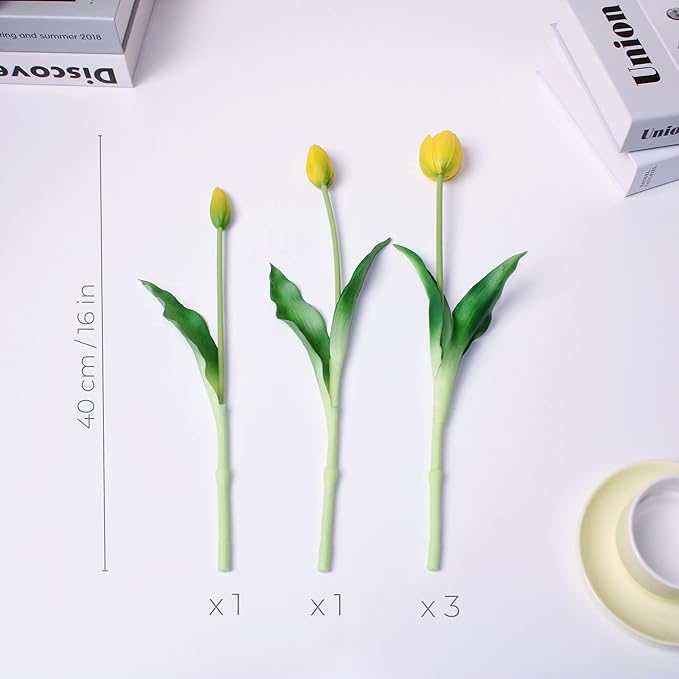 16-inch Premium Real Touch Fake Tulips, Artificial Flowers with Buds, Flexible Stem Easy to Shape, Faux Tulips (Vase not Included), 5-Pack Set of Lemonade Yellow