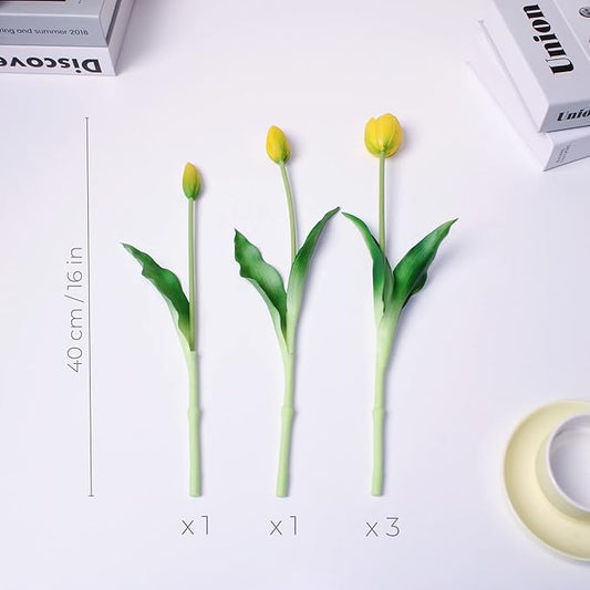 16-inch Premium Real Touch Fake Tulips, Artificial Flowers with Buds, Flexible Stem Easy to Shape, Faux Tulips (Vase not Included), 5-Pack Set of Lemonade Yellow