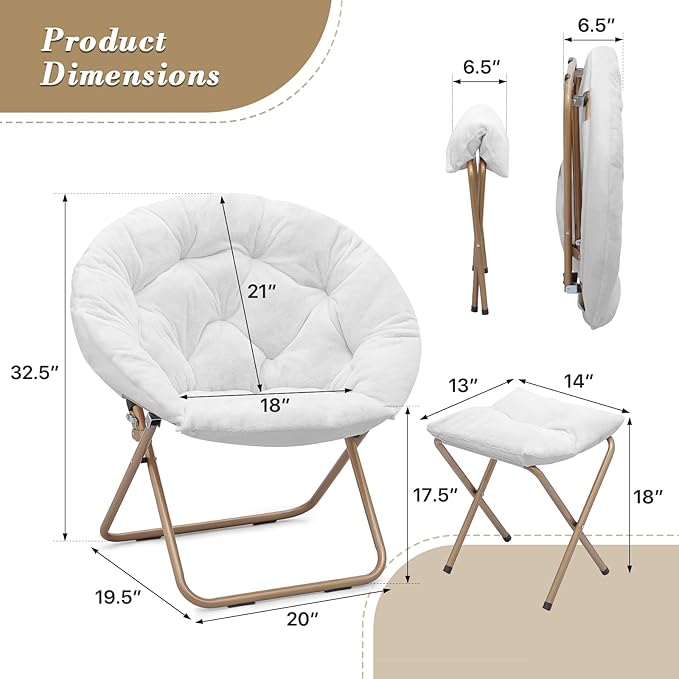 Athena Collection Modern White Faux Fur Saucer Chair with Ottoman, Foldable, Comfy Accent Chair for Bedroom, Living Room, Outdoor, 300lbs Weight Capacity