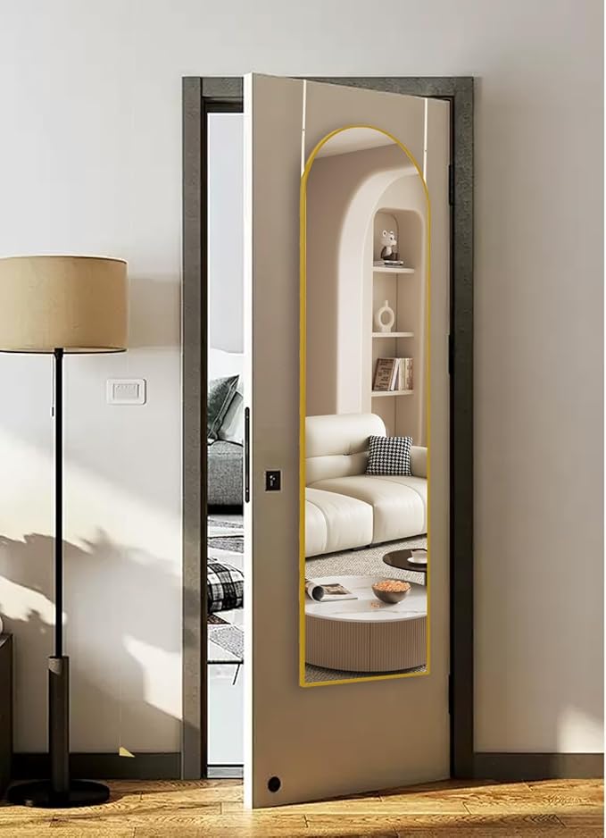 16" x 50" Adjustable Height Over The Door Mirror, Full Length Hanging Door Mirror with Shatterproof Tempered Glass Aluminum Alloy Frame for Bedroom, Living Room, Bathroom, Dorm, Gold