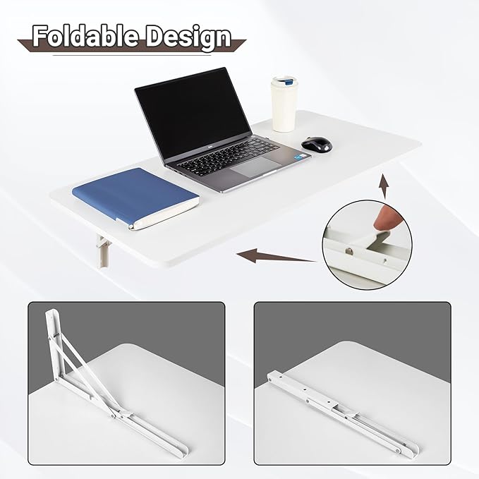 Wall Mounted Folding Table 39.4”L x 19.7”W, Laundry Folding Table with Heavy Duty Metal Collapsible Shelf Brackets, Wall Mounted Desk Fold Down for Small Spaces, White