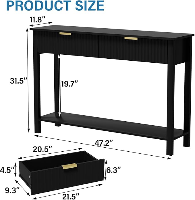 Black Entryway Console Table with 2 Fluted Drawers and Gold Handles, 47.2" Modern Sofa Table with Storage Shelf for Living Room and Hallway