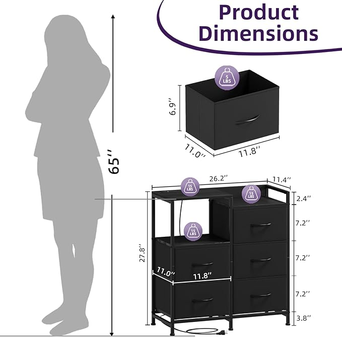 Somdot Black Nightstand with Charging Station and LED Light, Wide 5 Drawers Dresser for Bedroom with Fabric Bins and Open Shelf for Bedroom Kids Closet Dorm Guest Room, Black