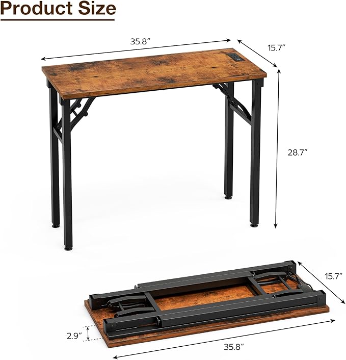 TEMI Small Computer Desk Folding Table - No Assembly, Compact 35.8" Foldable Desk with Power Outlets & USB Charging Port, Portable Small Office Desk, Ideal Mini Study Table for Narrow Spaces, Brown