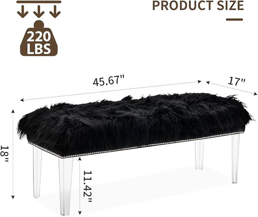 Modern Black Faux Fur Ottoman Bench - Upholstered Furry Bench with Acrylic Legs for Bedroom, Living Room, Entryway, Vanity or Bed End