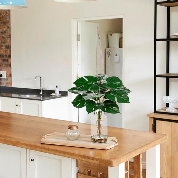 DILATATA Artificial Monstera Stems in Glass Vase with Faux Water and Real Stones 13" Fake Greenery Plant Monstera Leaves for Home Office Farmhouse Bathroom Bedroom Kitchen Table Centerpiece Decor