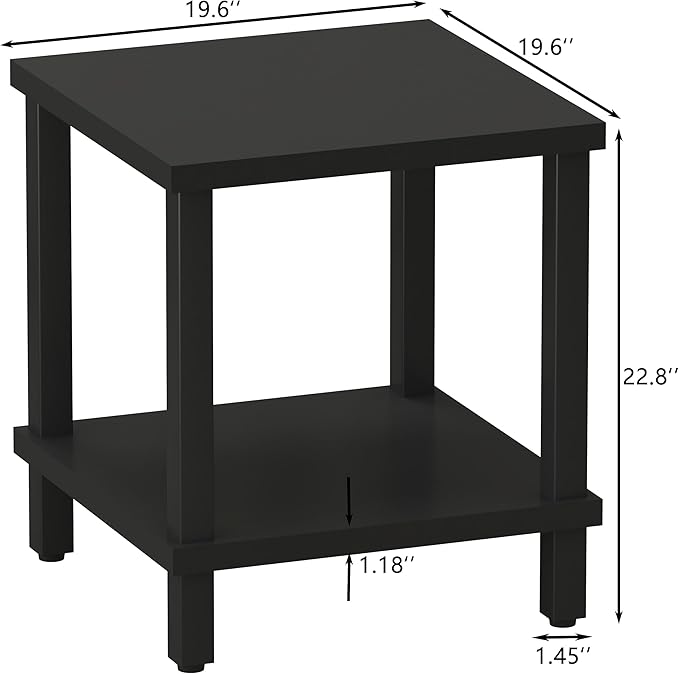 Large End Table Square Side Table Modern Sofa Table 20 Inch Industrial Coffee Table NightStand with 2-Tier Storage Shelf for Living Room Bedroom Black MLBZ06B