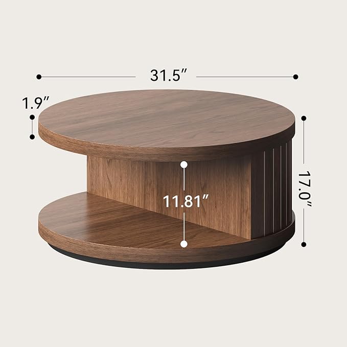 31-Inch Round Wood Coffee Tables for Living Room, with 2-Tier Shelf Fluted Center Tables, Modern Wooden Circle Unique Tea Tables with Open Shelves for Home Apartment Small Spaces, Walnut