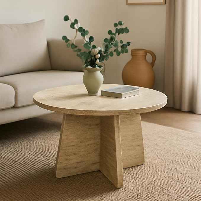 Travertine Efect Coffee Table Modern Side Table for Living Room Accent Table for Sofa or Bedroom (22.8x22.8x16.5 inches)