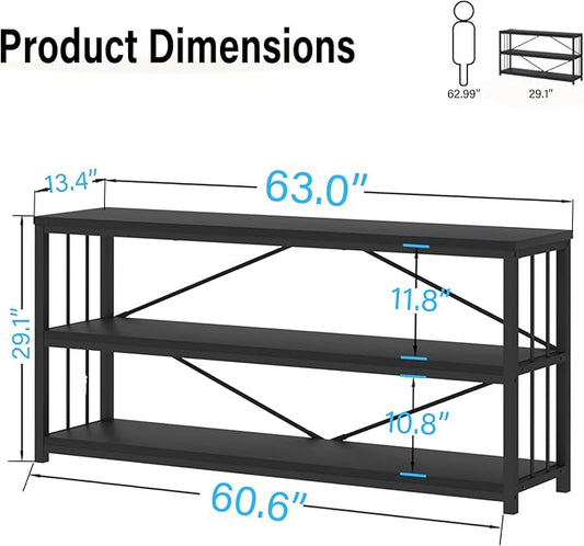 LVB Black Entryway Table, Modern Narrow Console for Hallway, Industrial Farmhouse Foyer Table with Storage Shelves, 63 Inch