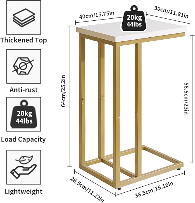 Small Side Tables C Shaped, End Table, Small Table Stand for Living Room Bedroom, Little Bedside Table 16x12x25 inch White+Gold YD-TM051WG