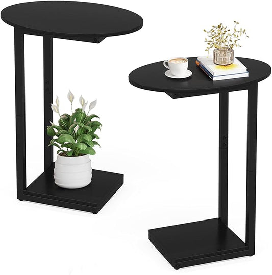 Hosfais Small Side Table End Table, C-Shaped Wood Coffee Table TV Tray for Eating, Couch Tables for Small Spaces, Living Room, Bedroom (Black 2 Pack)