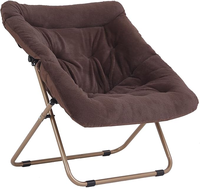 Saucer Chair, Comfy Bedroom Chairs, Oversized Folding Faux Fur Chair, Foldable Metal Frame Chair for Bedroom, Living Room, Balcony, Patio, Study, Playroom (Coffee)