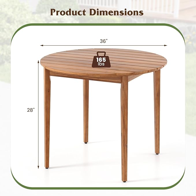 Tangkula Round Outdoor Dining Table for 4 People, 36 inch Acacia Wood Patio Table with Slatted Tabletop, Indoor Outdoor Farmhouse Bistro Table for Yard, Garden, Poolside, Deck