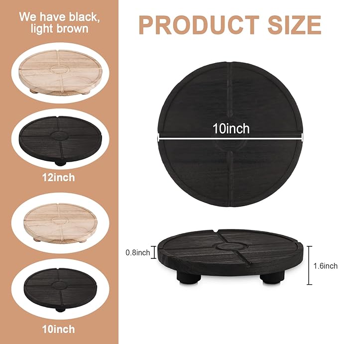 10'' Round Wooden Tray Pedestal Stand, Farmhouse Bathroom Decor Riser for Soap Dispenser, Perfume, Candle, 10'', Matte Black