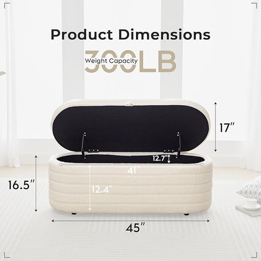 Storage Ottoman Bench End of Bed for Bedroom,45 inch Boucle Upholstered Entryway Shoe Seat Bench w/ Storage,Sherpa Modern Cute Padded Blanket Chest Stool Foot Rest for Living Room,Off-White