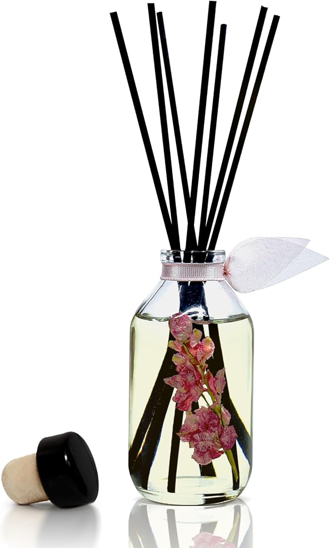 LOVSPA Reed Diffuser Set, Pink Tuberose Scented Oil Diffuser with Sticks, Home Fragrance Accessories for Bathroom Shelf Decor, Aroma Diffusers for Home or Office Desk, USA Made