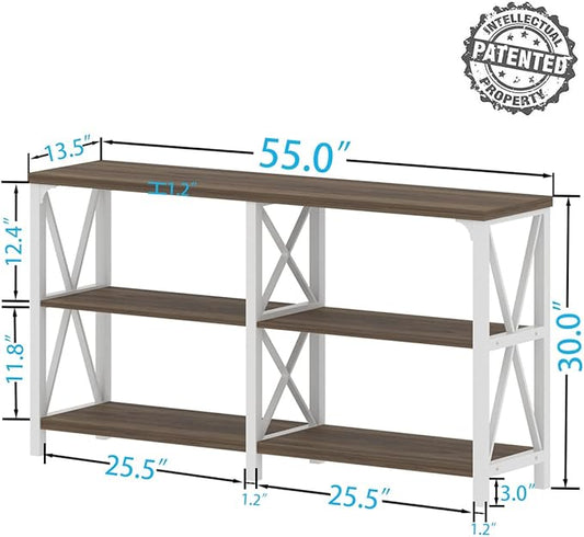 IBF Farmhouse Entryway Table, Wood TV Console Table, Long Rustic Metal Sofa Table, Industrial Hallway Table with Storage Shelves, Modern Foyer Tables for Front Entry Way, White and Rustic Oak, 55 in