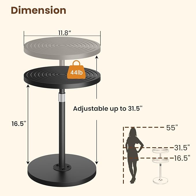 Round Side Table, Adjustable-Height Drink Table for Small Spaces, Pedestal Martini Table, Cocktail Tables Weighted Base for Living Room, Bedroom, Bathroom, Office, Black