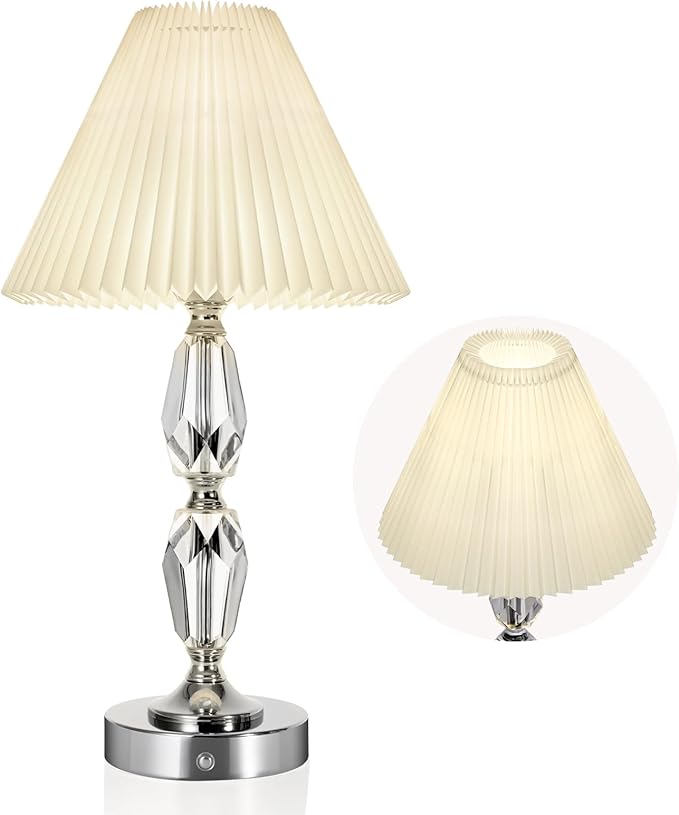 Rechargeable Table Lamp With Touch Dimmer,Acrylic Cordless Lamp with 4400mAh Battery Operated,3-Level Brightness,Pleated Linen Fabric Shade,Portable Cordless Table Lamp for Dinner,Patio(Bulb Included)