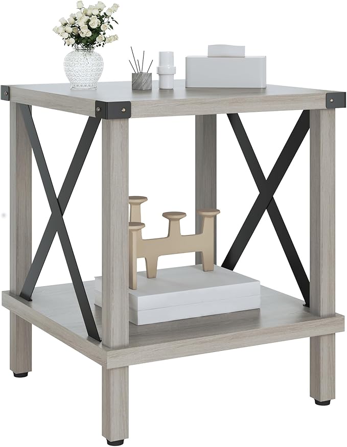 Large End Table Farmhouse Side Table Industrial Style Sofa Table Metal X Accent Wood Coffee Table NightStand with Storage Shelf for Living Room Bedroom Oak Grey MLBZ16Z