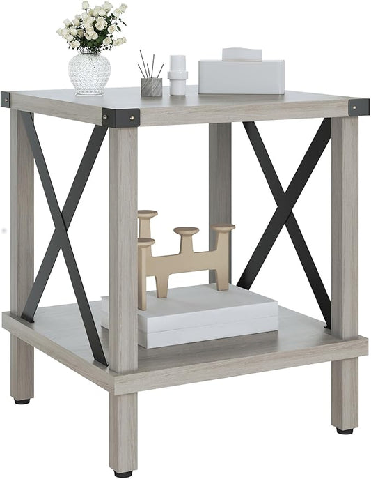 Large End Table Farmhouse Side Table Industrial Style Sofa Table Metal X Accent Wood Coffee Table NightStand with Storage Shelf for Living Room Bedroom Oak Grey MLBZ16Z