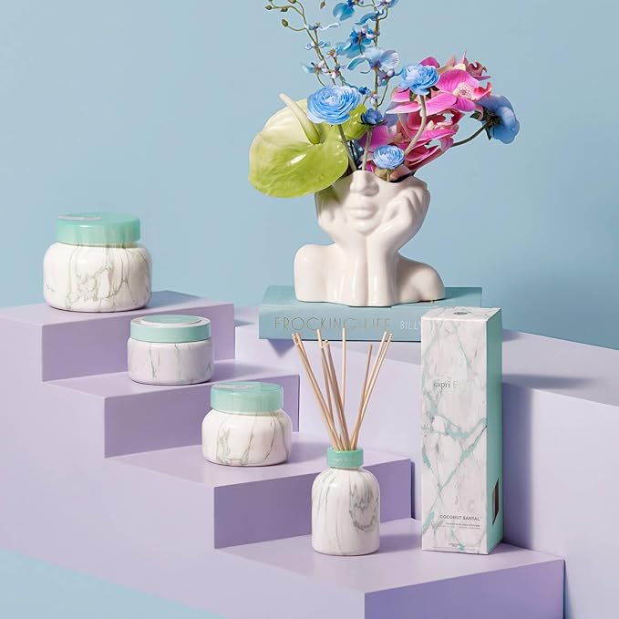 Capri Blue Modern Marble Reed Diffuser Set - Includes Reed Diffuser Sticks, Scented Oil & Glass Bottle - Luxury Scents for Bedroom Decor & Bathroom Air Freshener - Coconut Santal (5.7 fl oz)