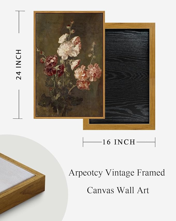 ARPEOTCY Vintage Floral Framed Wall Art, Hollyhocks Bathroom Decor Aesthetic, 16x24 Inch Large Canvas Art, Retro Wall Decor for Bedroom Living Room, Office Still Life Paintings Gifts