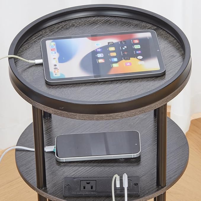 Small Round Side Table with Charging Station for Small Spaces, 3-Tier Accent Table with USB Ports & Power Outlets, Sofa Corner Tea Table for Living Room Nightstand Bedroom Apartment (Grey)