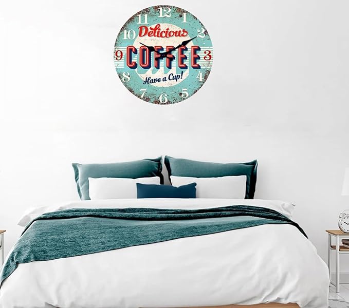 XFM Rustic Kitchen Wall Clock 20 Inch Blue Wooden Wall Clocks Battery Operated Silent Non-Ticking Retro Round Clocks for Cafes Bar Farmhouse Office