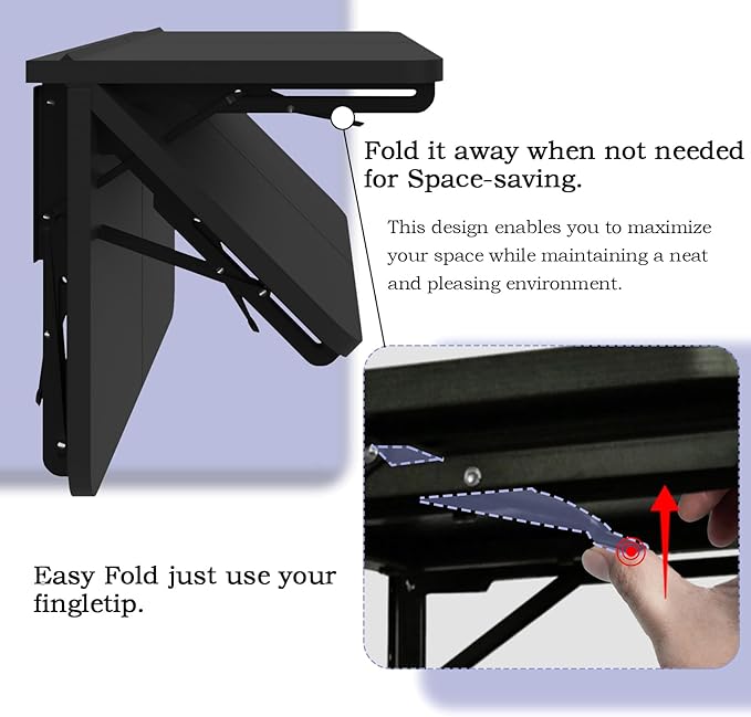 TEAMIX Wall Mounted Folding Table, Black Floating Desk for Small Spaces, Drop Leaf Dining Table for Kitchen Fold Down Laundry Shelf with Heavy-Duty Brackets