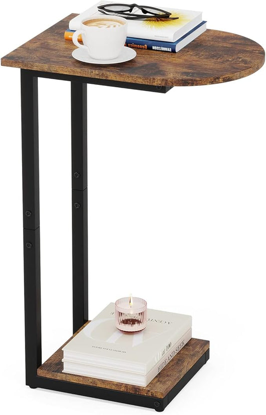 Hosfais Side Table Small End Table, C-Shaped Wood Sofa Table with Metal Frame for Living Room, Bedroom, Small Spaces (Rustic Brown)