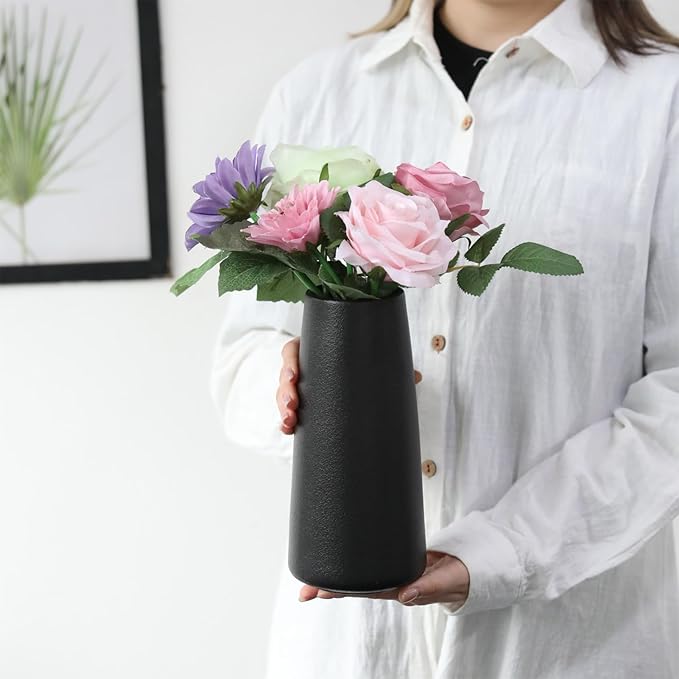 10" Black Vase - Tall Black Ceramic vase for Flower, Simple Matte Black Vases for Pampas Grass, Minimalist Farmhouse Boho vases for Centerpieces, Home Decor, Bathroom Decor