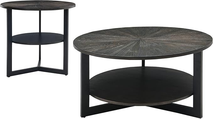 MODERION Large Round End Table with Storage Shelf, Rustic Circular Sofa Side Black Metal Legs, Solid Wood Nightstand, Telephone for Living Room, Bedroom, 25.2''D x 24''H Brushed CJZ1338BK