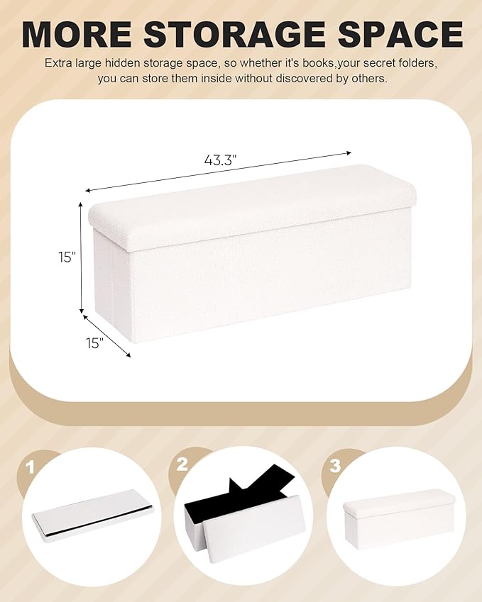 B FSOBEIIALEO Small Storage Ottoman Cube Sherpa Ottomans Foot Rest, Foldable Boucle Ottoman Bench, Faux Teddy Fur, Cream White 43.3"x15"x15"