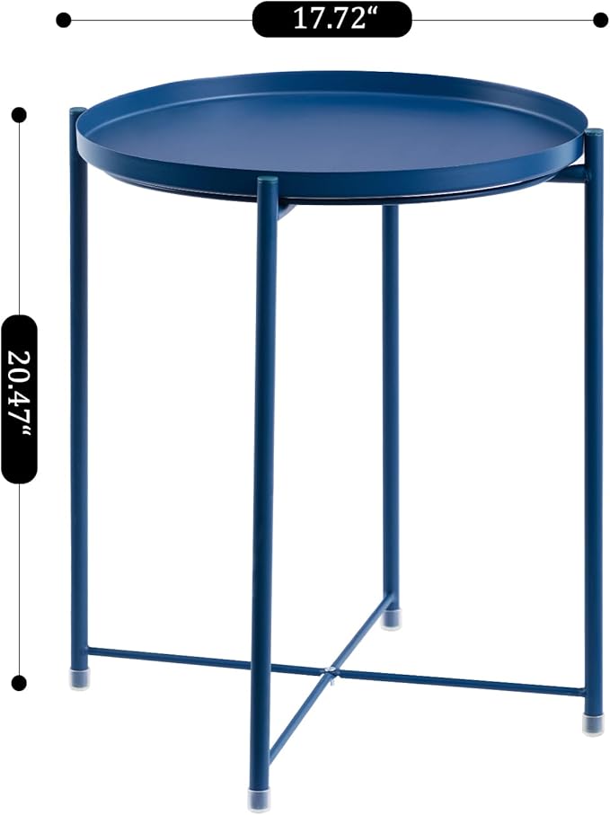 HollyHOME Round Metal Side Table, Outdoor Small Folding Accent Stand with Removable Tray, 17.72'' Portable End Table for Balconies, Gardens, Living Rooms and Bedrooms, Navy Blue