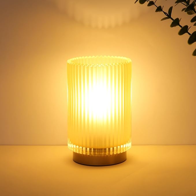 Battery Operated Lamp, Cordless Table Lamp with Timer, Desk Bedside Lamps with LED Warm Light, Glass Small Table Lamp for Bedroom, Bathroom, Living Room, Home Decor - Matte Amber