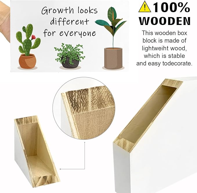 LVQHI Inspirational Wood Block Sign,Growth Looks Different for Everyone Plant Motivational Wooden Block Sign for Home Bedroom Office Desk Table Decor,Inspirational Gift for Coworker Friend 10x6 IN