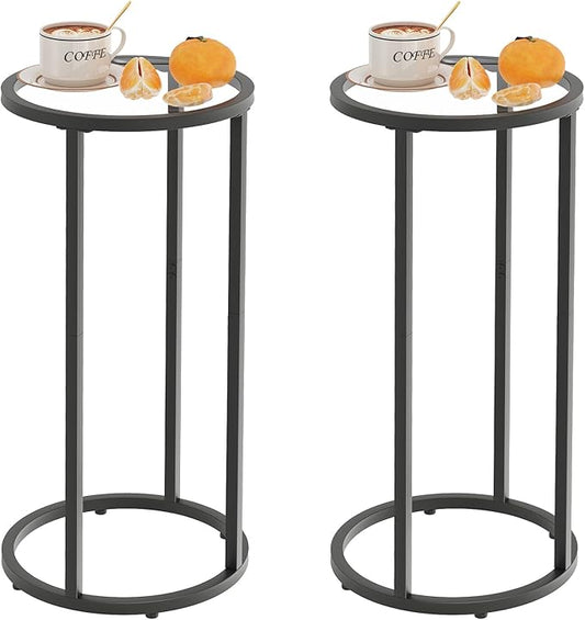 Round Side Table,Glass C Shaped Table,Couch End Table, Tempered Glass Snack Table with Metal Frame, Sofa Couch Bedside Table,TV Tray Table for Small Space(Black,2pcs)